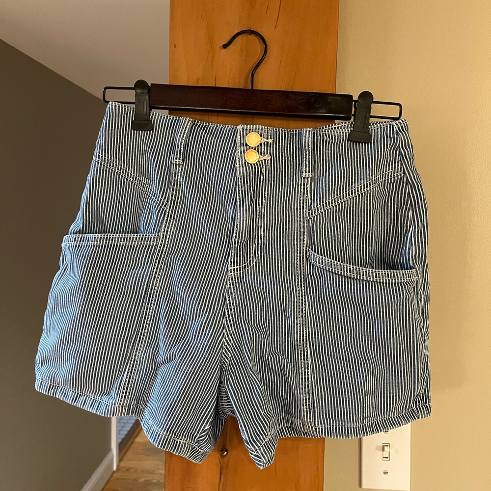 Blue Striped High Rise Midi Women's Shorts